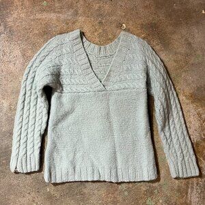 Vintage Hand Knit Cabled V-neck Sweater Mint Green